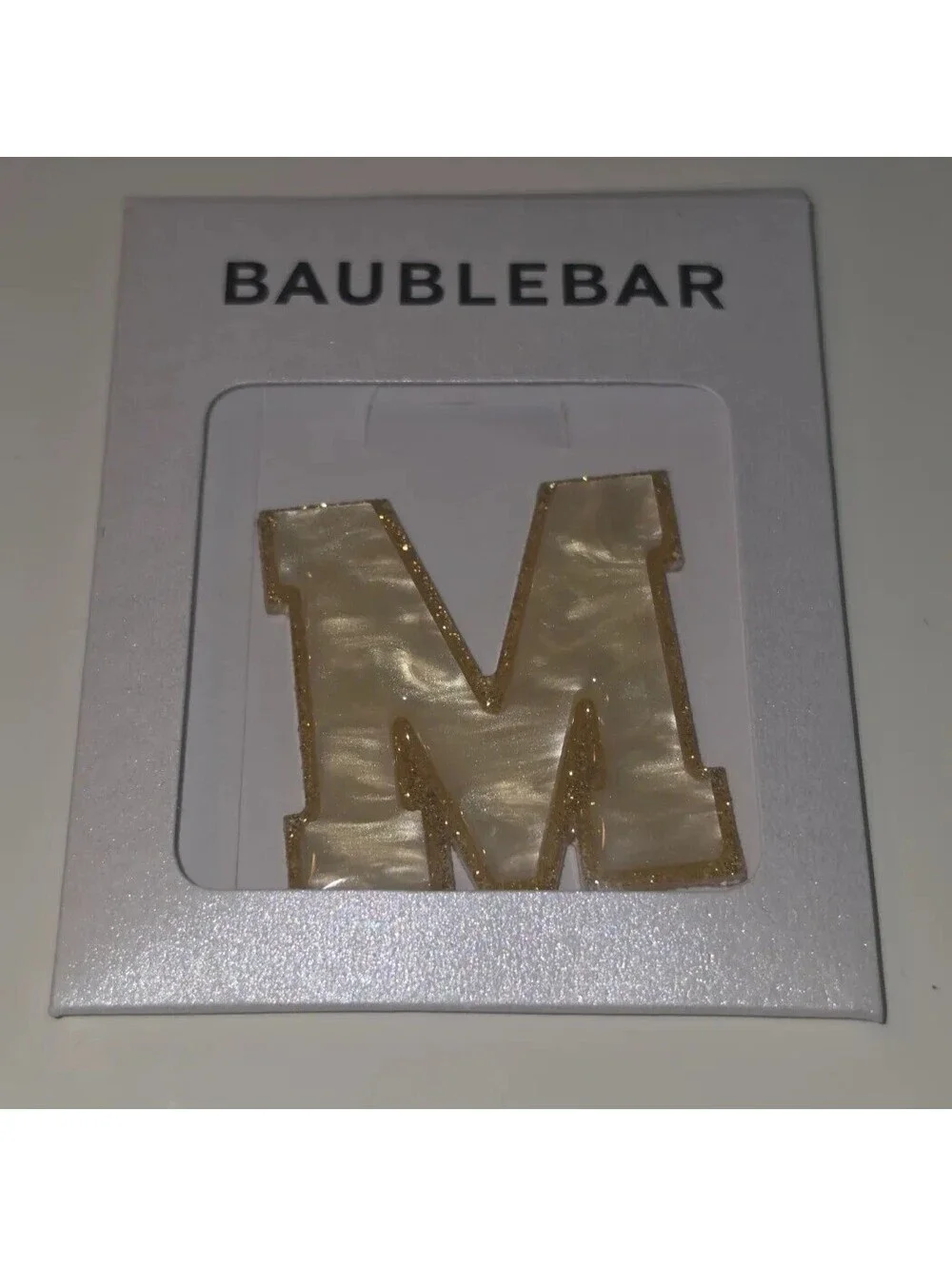BAUBLEBAR MOTHER OF PEARL GOLD GLITTER LETTER M BAG CHARM STICKER NIP